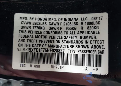 2017 Honda Civic Ex-L from USA, damaged, VIN 19XFC1F76HE028822